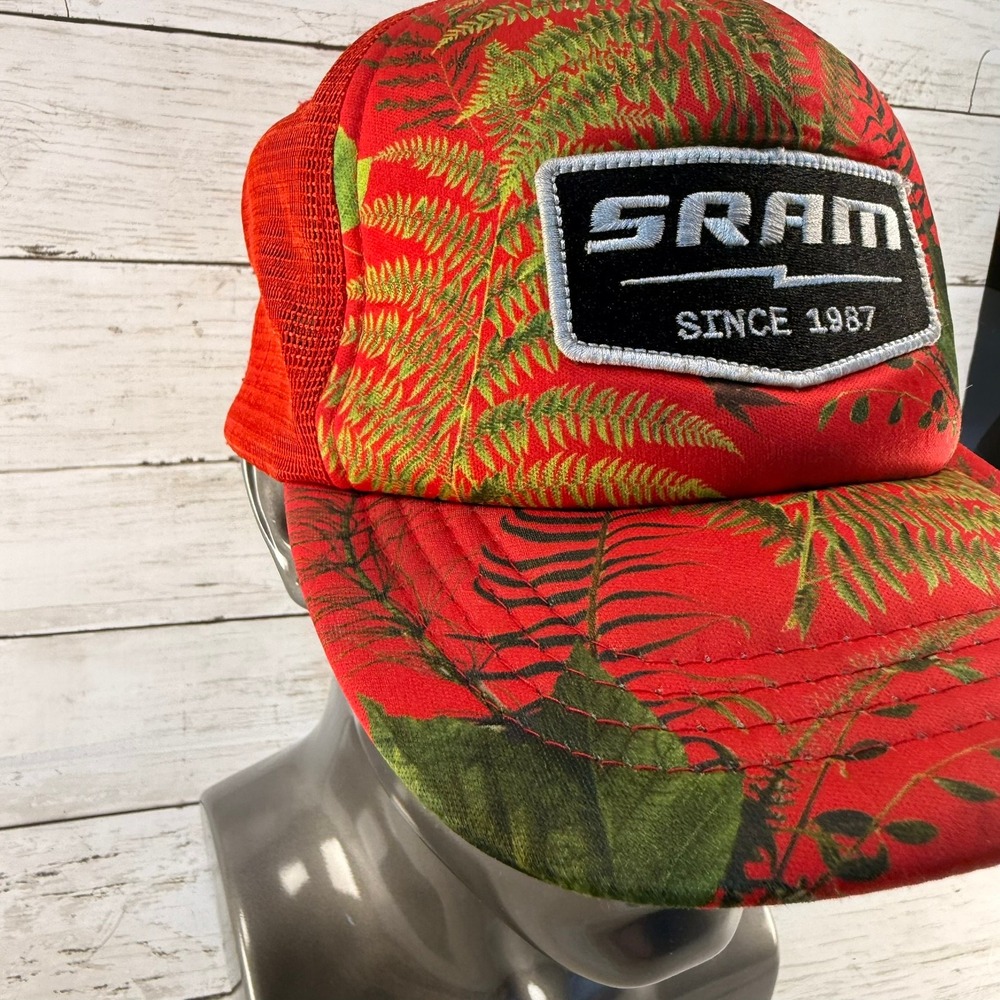 SRAM Since 1987 Trucker Hat Red Green Fern Tropical Print Mesh Snapback Cap